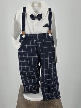 Boys Windowpane Pants with Suspenders & White Dress Shirt Set